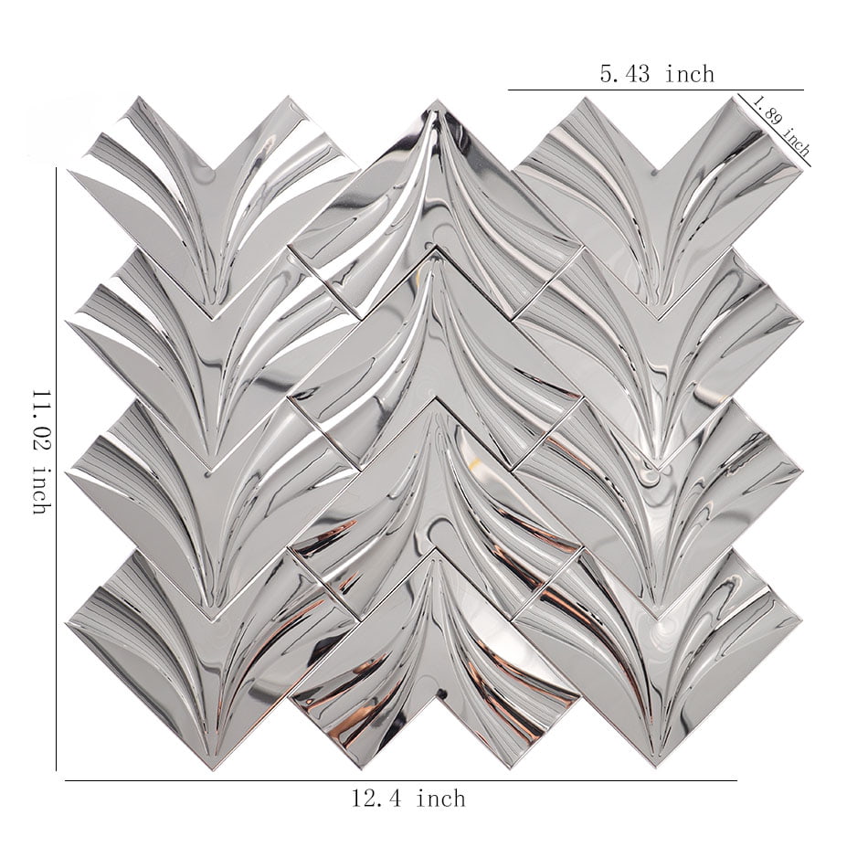 Mirror silver chevron stainless steel mosaic tile sheet with size details