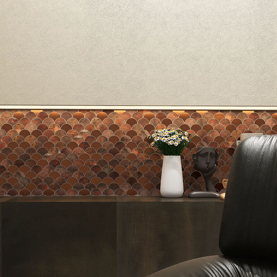 Mixed copper fish scale metal mosaic tile backsplash with warm lighting