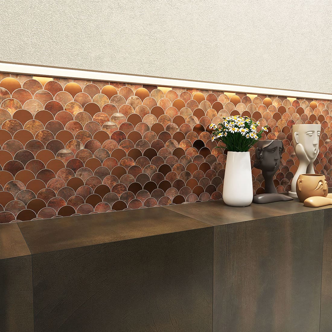 Mixed copper fish scale metal mosaic tile feature wall with decor accents