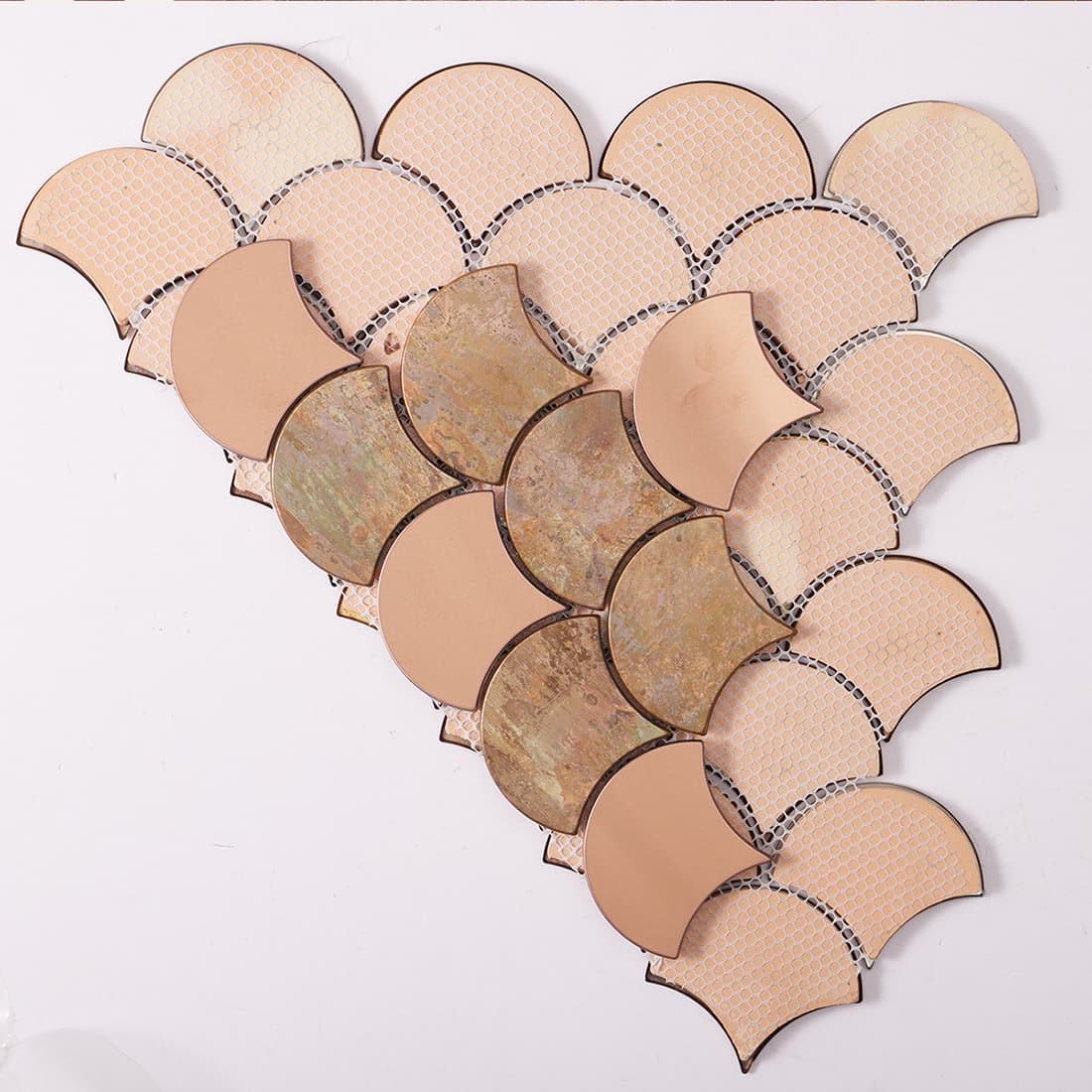 Back view of mixed copper fish scale metal mosaic tile with mesh backing