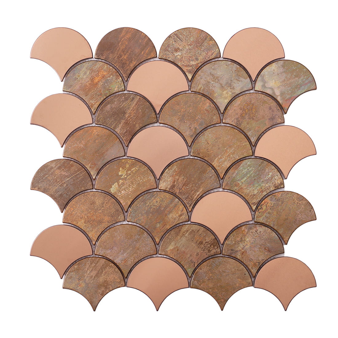 Full sheet of mixed copper fish scale metal mosaic tile
