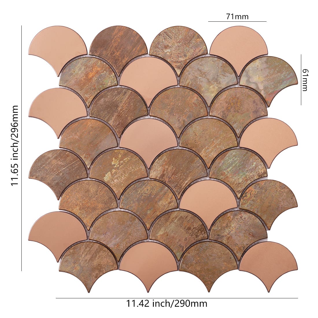 Mixed copper fish scale metal mosaic tile sheet with size details