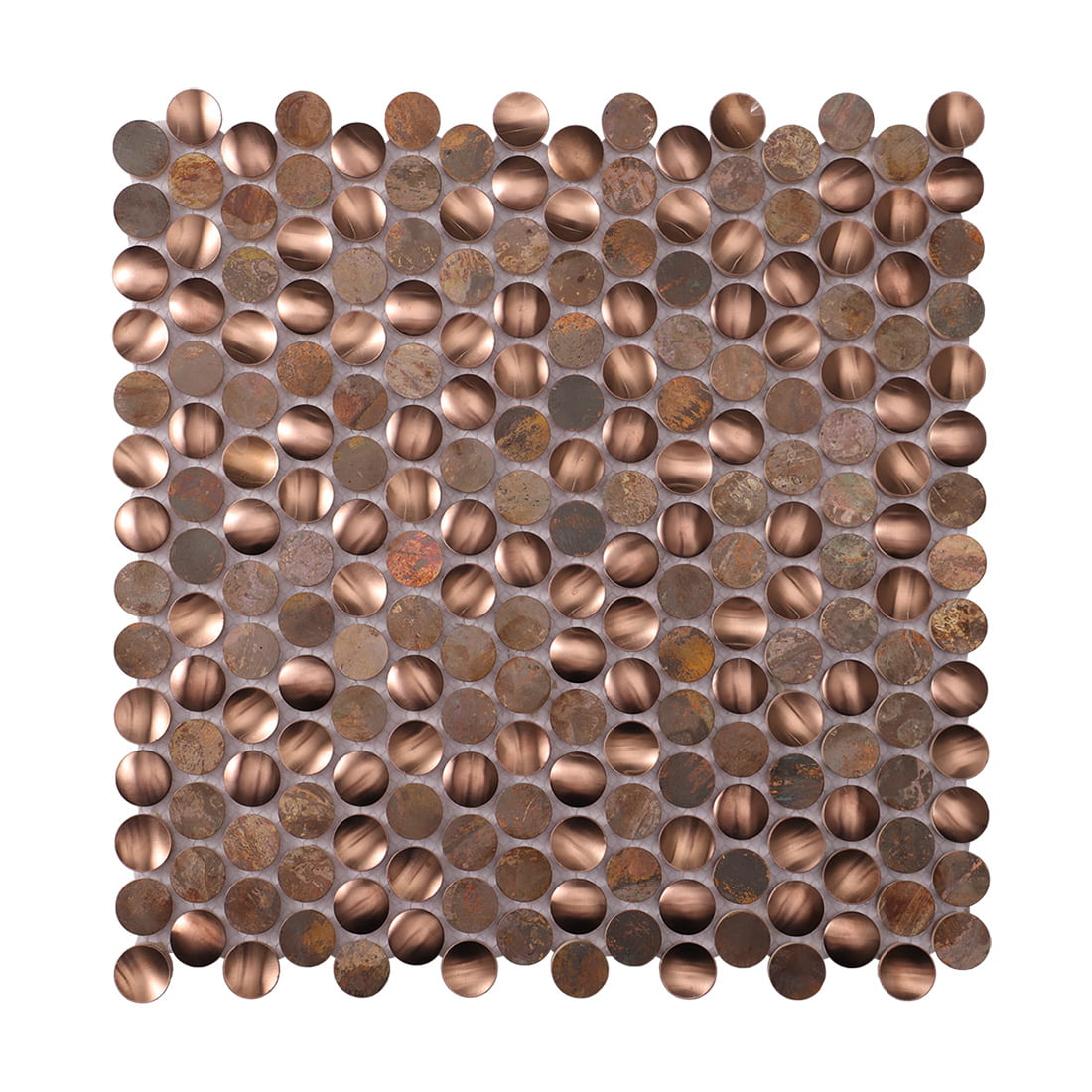 Mixed copper penny round metal mosaic tile with brushed and oxidized finishes