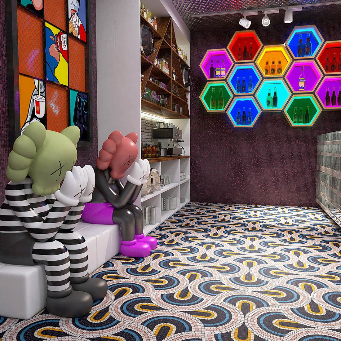 Modern bar interior with blue, yellow, and white fan-pattern handmade glass mosaic floor tiles.