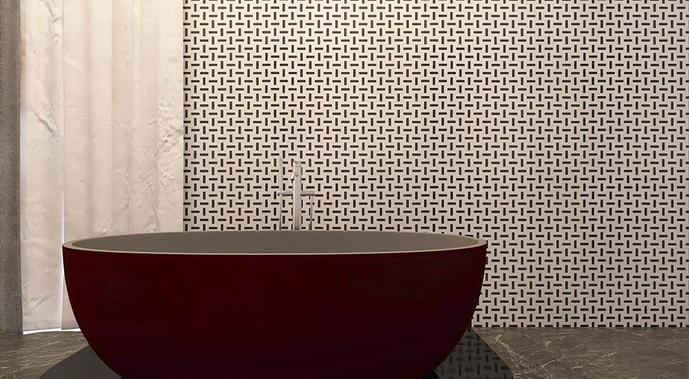 {"default":"Modern basketweave wall tile behind a red bathtub in a luxury bathroom"}
