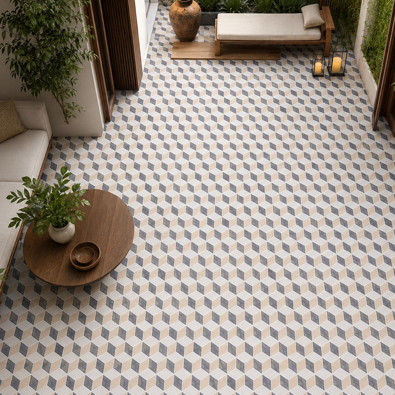 Beige gray and white geometric modern floor tiles in a contemporary indoor courtyard.