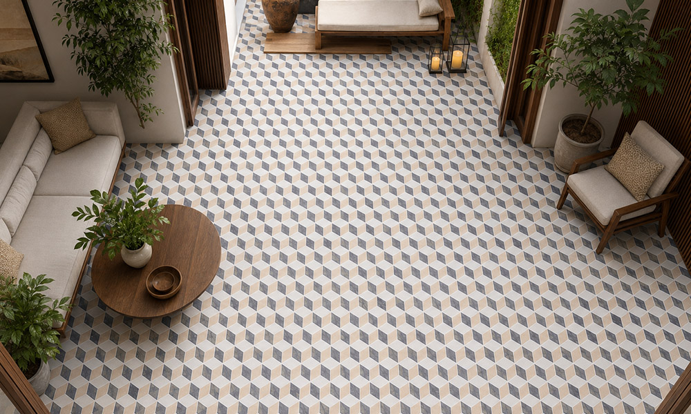 Overhead view of beige gray and white 3D cube modern floor tiles in a stylish indoor lounge.