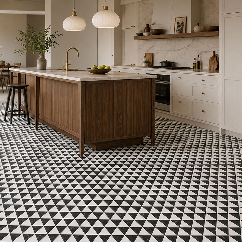 Modern kitchen with black and white triangle checkerboard mosaic floor tiles