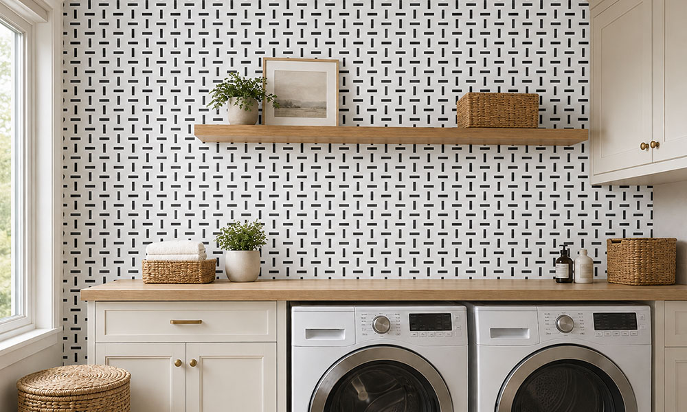 Modern laundry room with black and white geometric tile wall and white cabinets