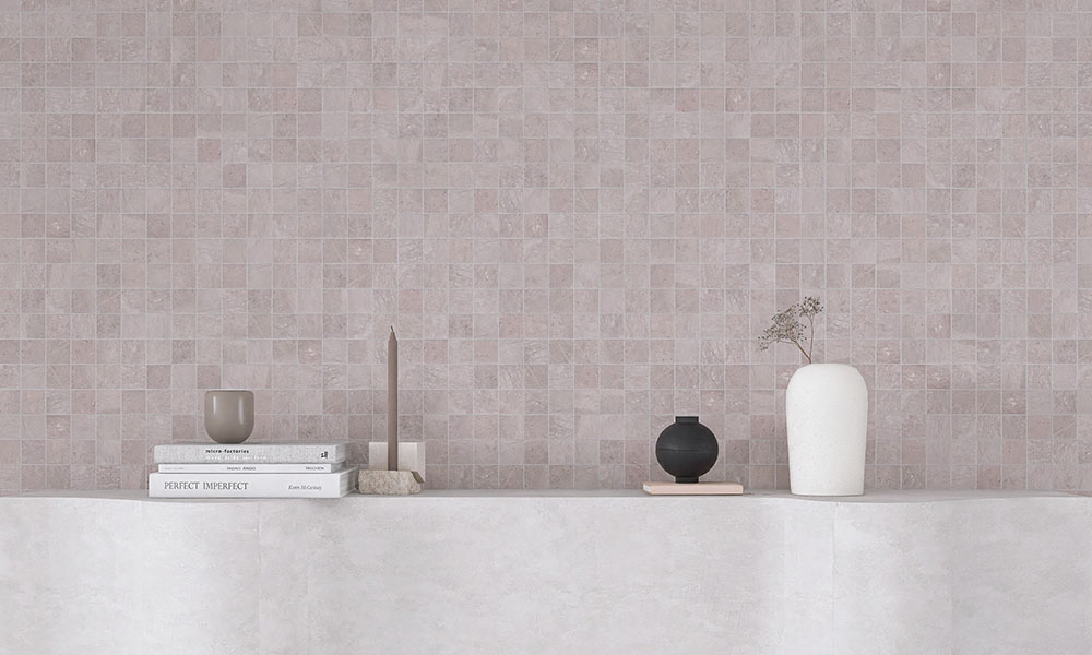 {"default":"Modern mauve marble tile backsplash featuring small square natural stone mosaics."}

