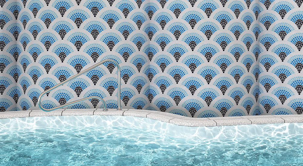 {"default":"Blue and black fan-shaped mosaic tile patterns on a swimming pool wall."}
