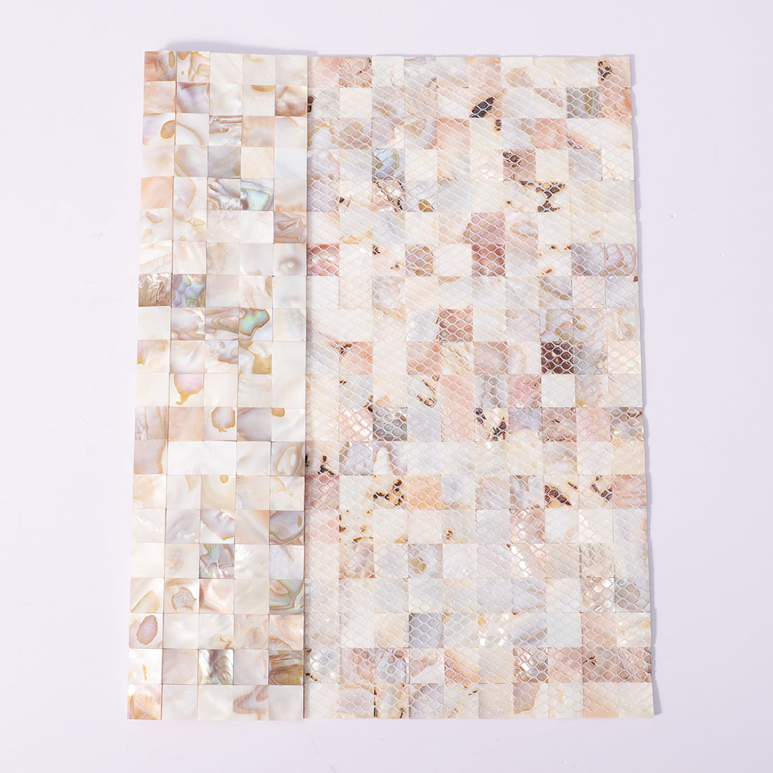 Square shell mosaic tile sheet shown next to mesh backed mosaic sample