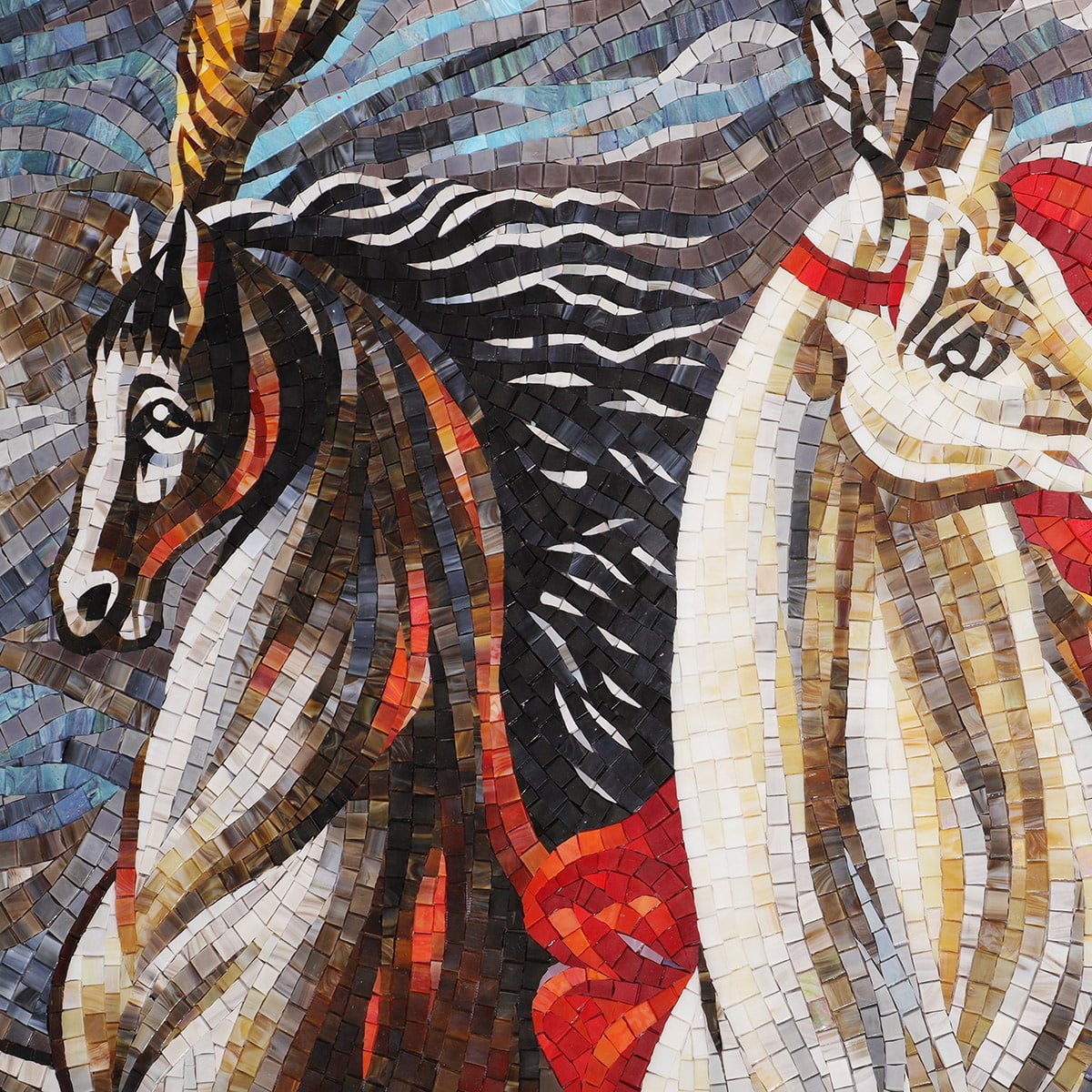Two Horses Mosaic Mural Wall Art | Handcrafted Stone & Glass Horse Mosaic Decor-Woos Tiles
