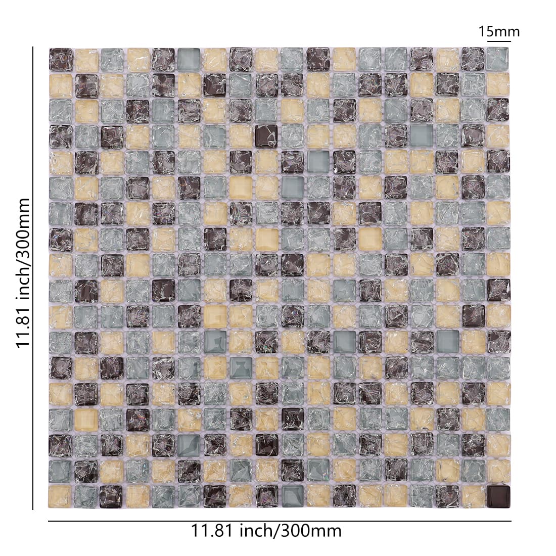 Full sheet of multi-color crackle glass mosaic tile with dimensions labeled.