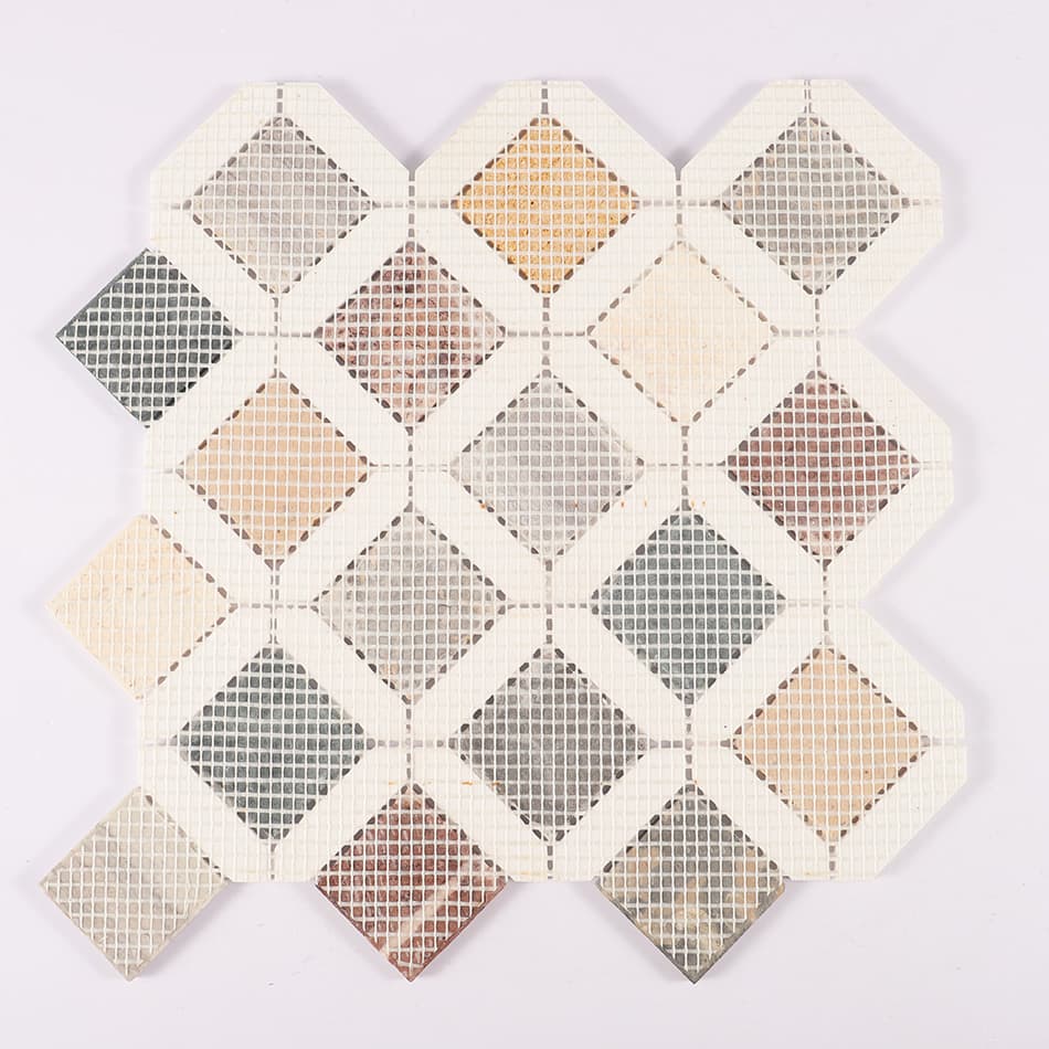 Back view of multicolor diamond marble mosaic tile with mesh backing