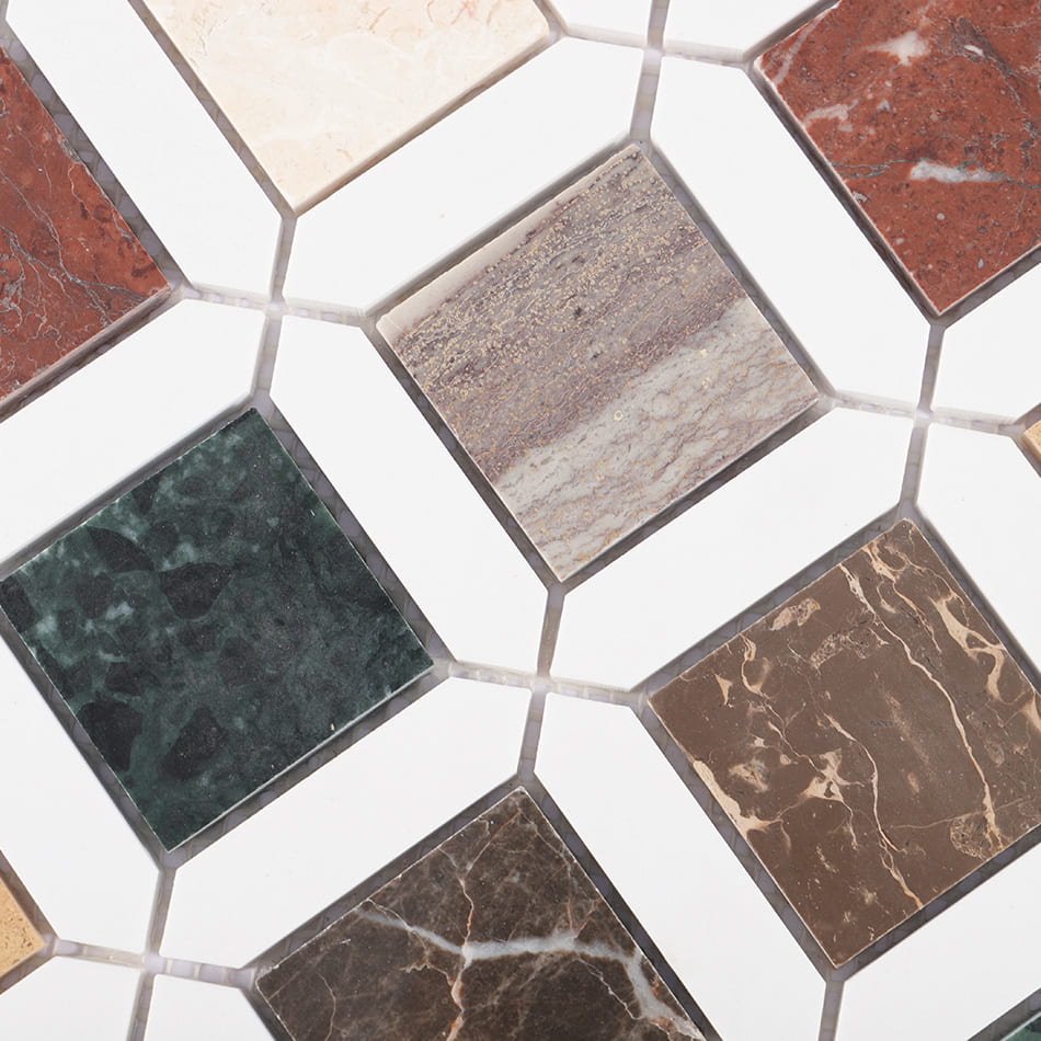 Close up of multicolor diamond marble mosaic with white geometric joints