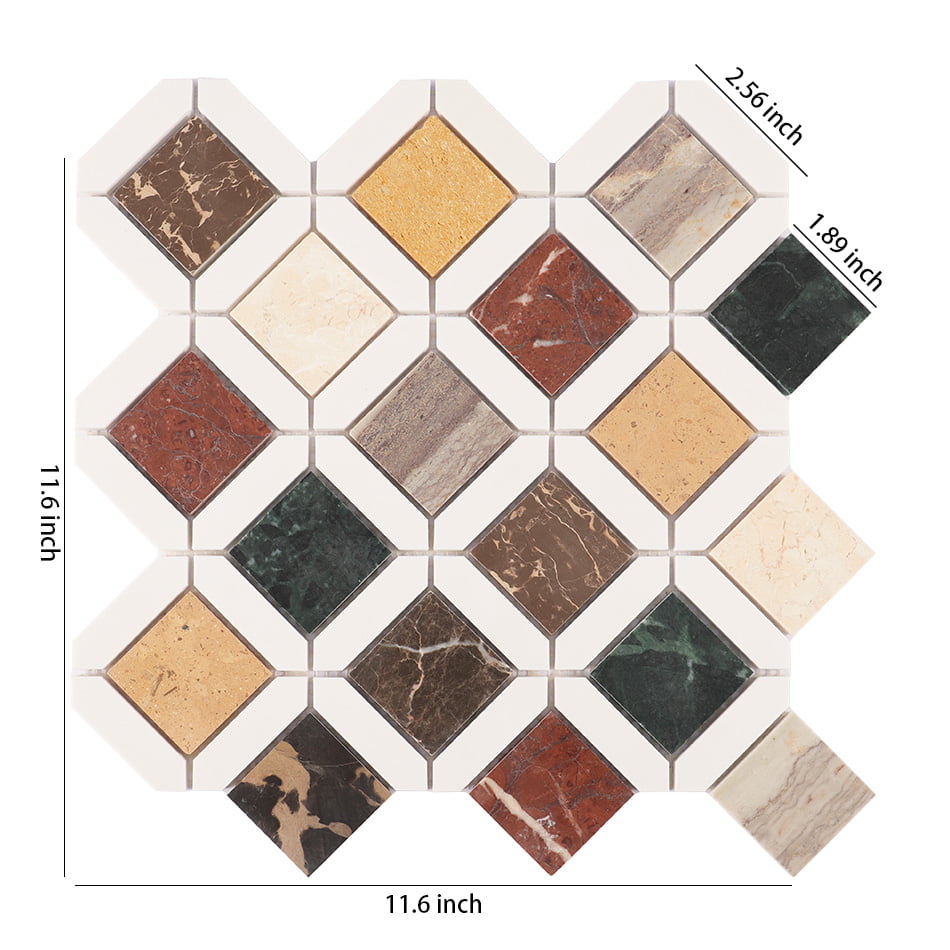 Multicolor diamond marble mosaic tile sheet with white geometric border and dimensions