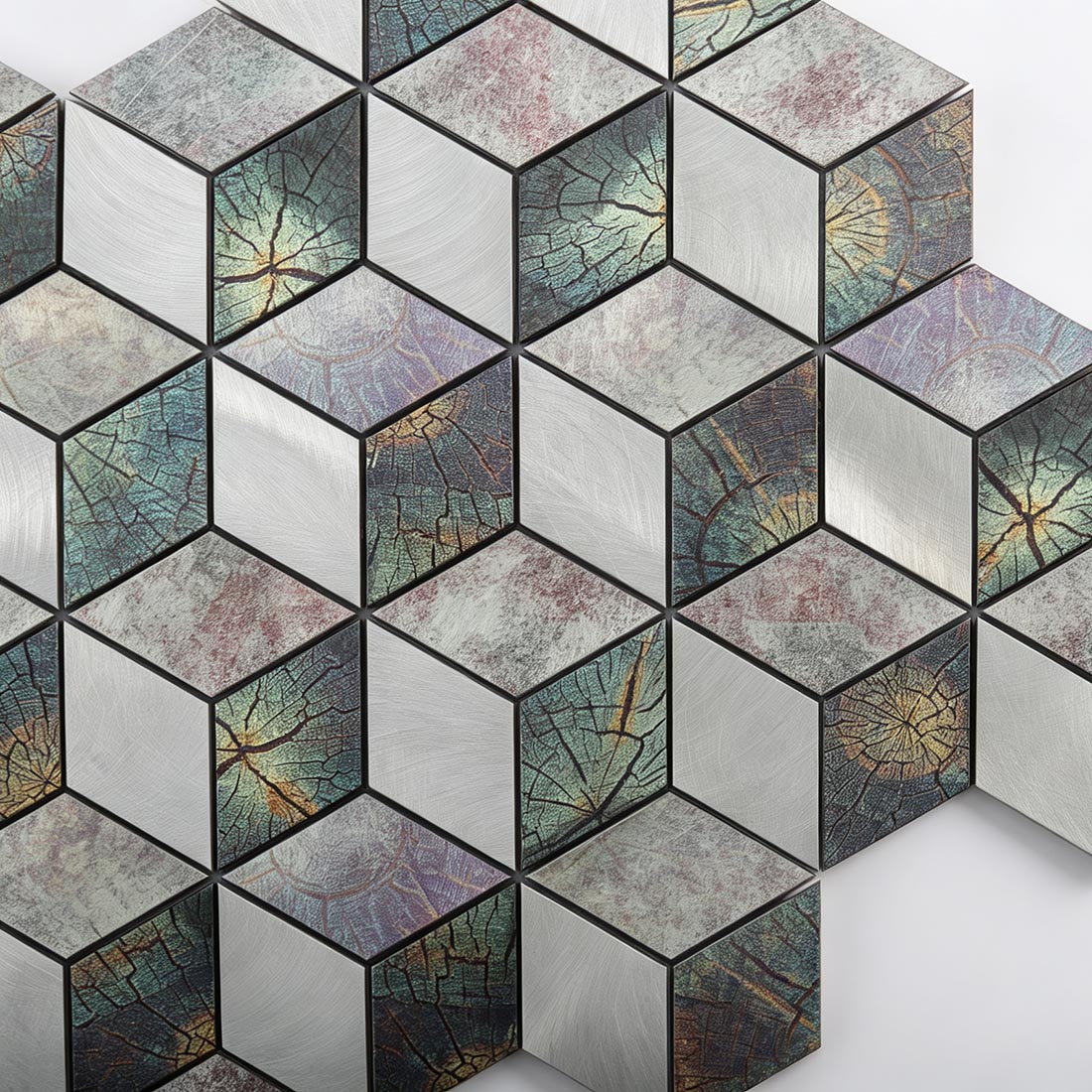 Detailed view of silver teal gray and gold leaf pattern aluminum cube mosaic tiles