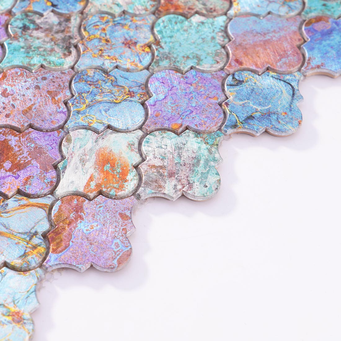 Angle shot of multicolor patina lantern aluminum mosaic tile showing edge