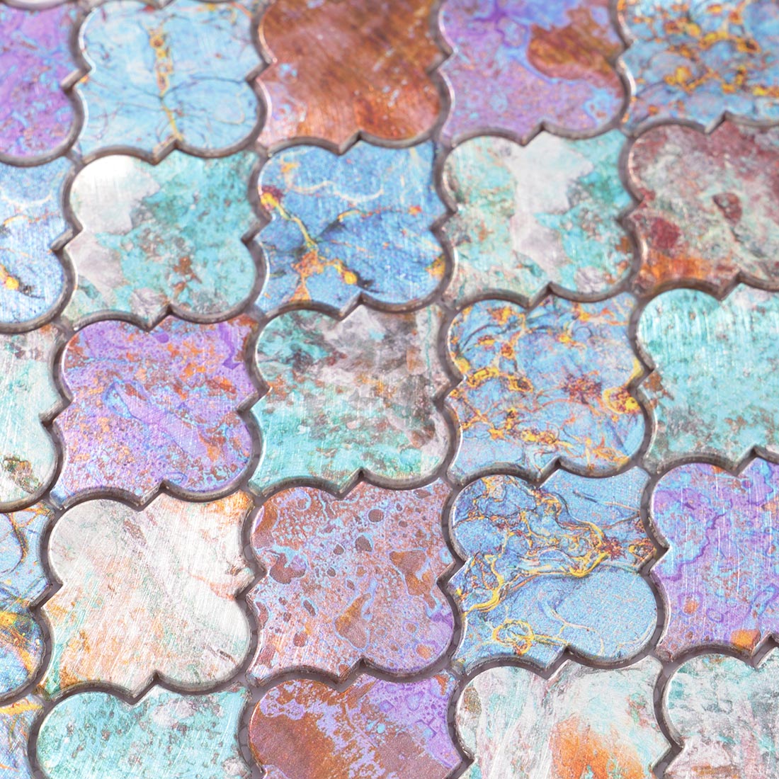 High angle view of multicolor patina lantern aluminum tile surface texture