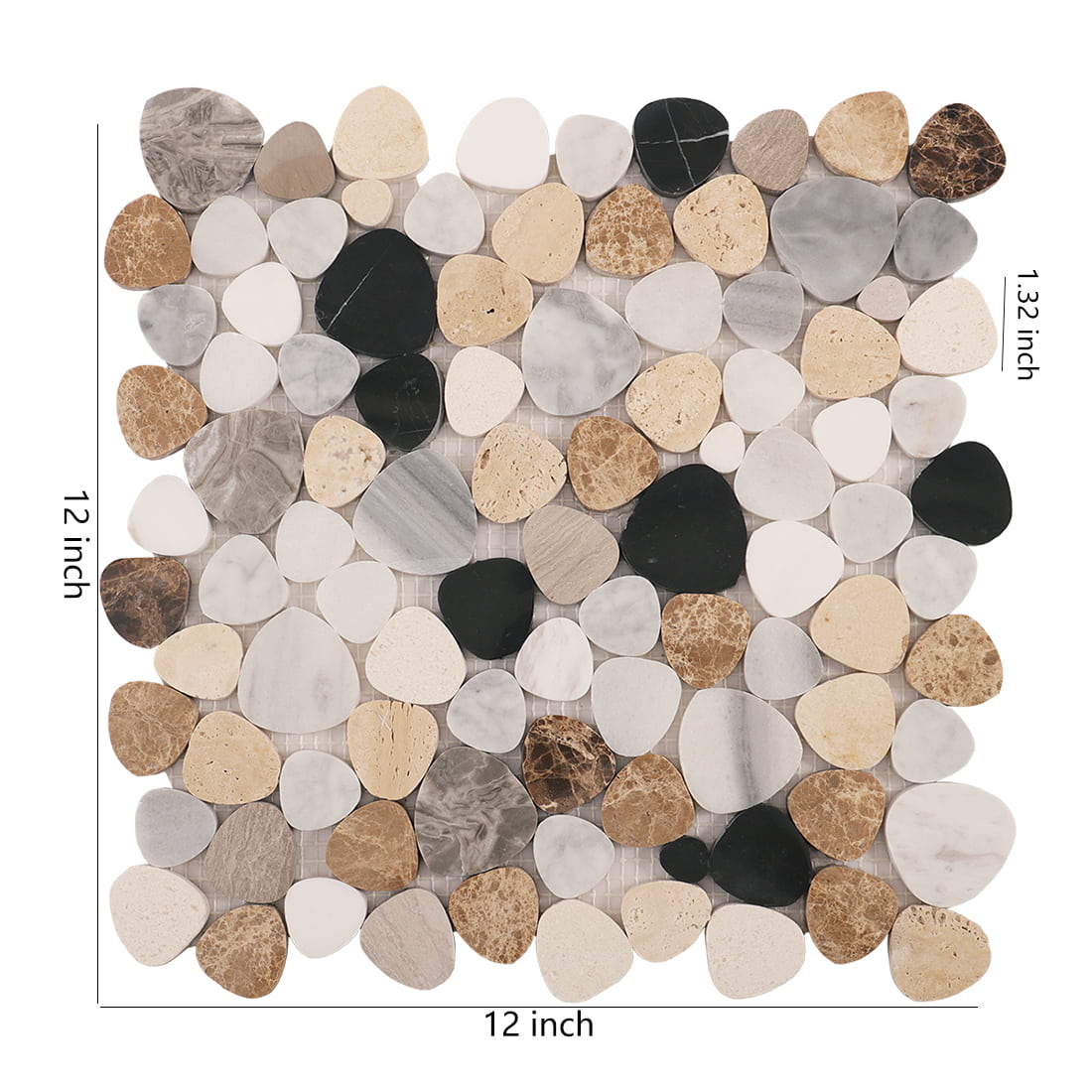 Multicolor pebble marble mosaic sheet with 12 inch size and 1.32 inch thickness shown