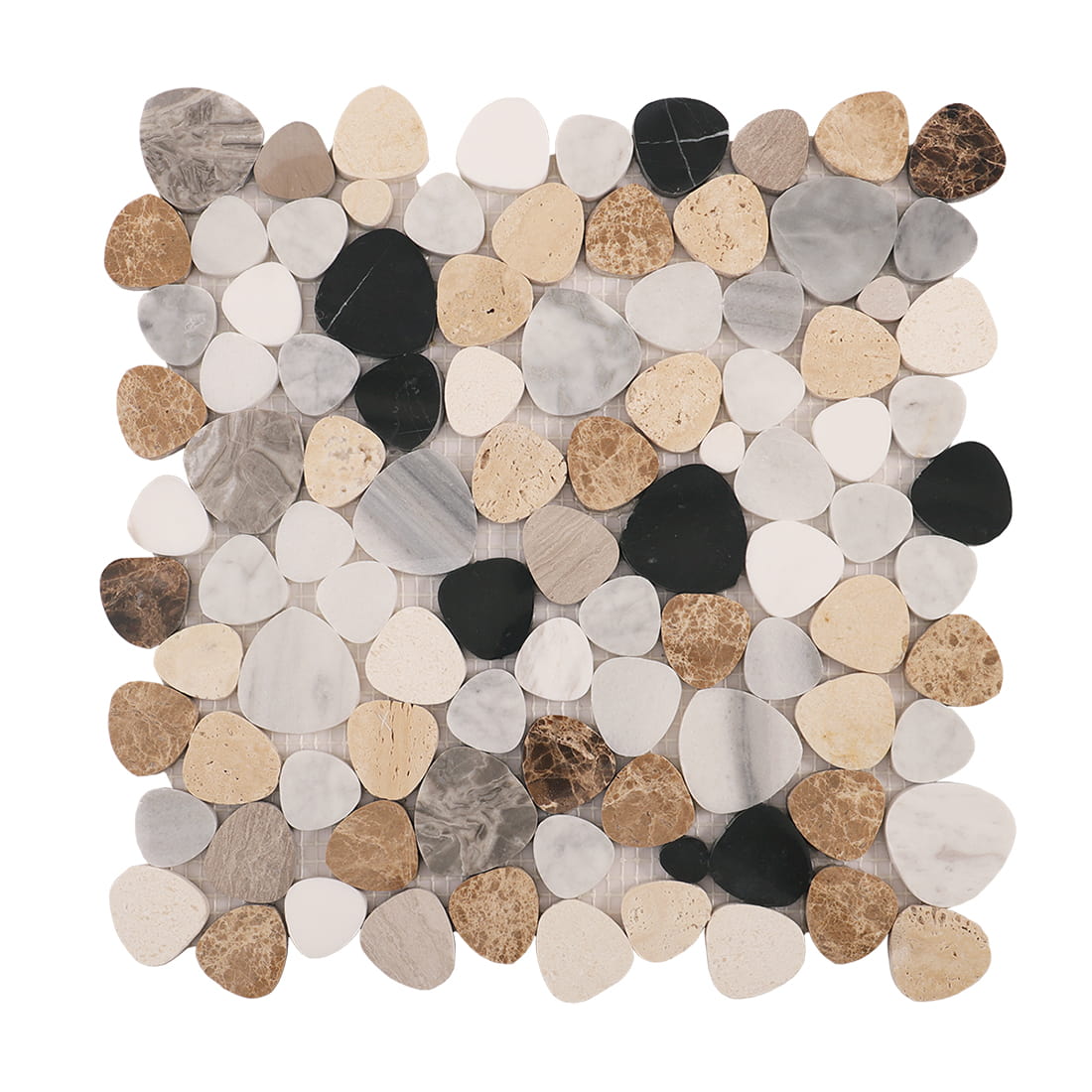 Top view of multicolor pebble marble mosaic tiles arranged on mesh backing