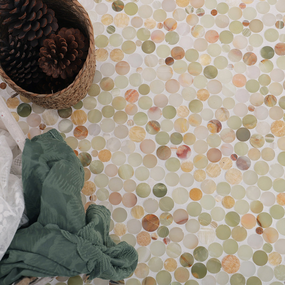 Beautiful natural onyx circle mosaic tile in a home interior setting