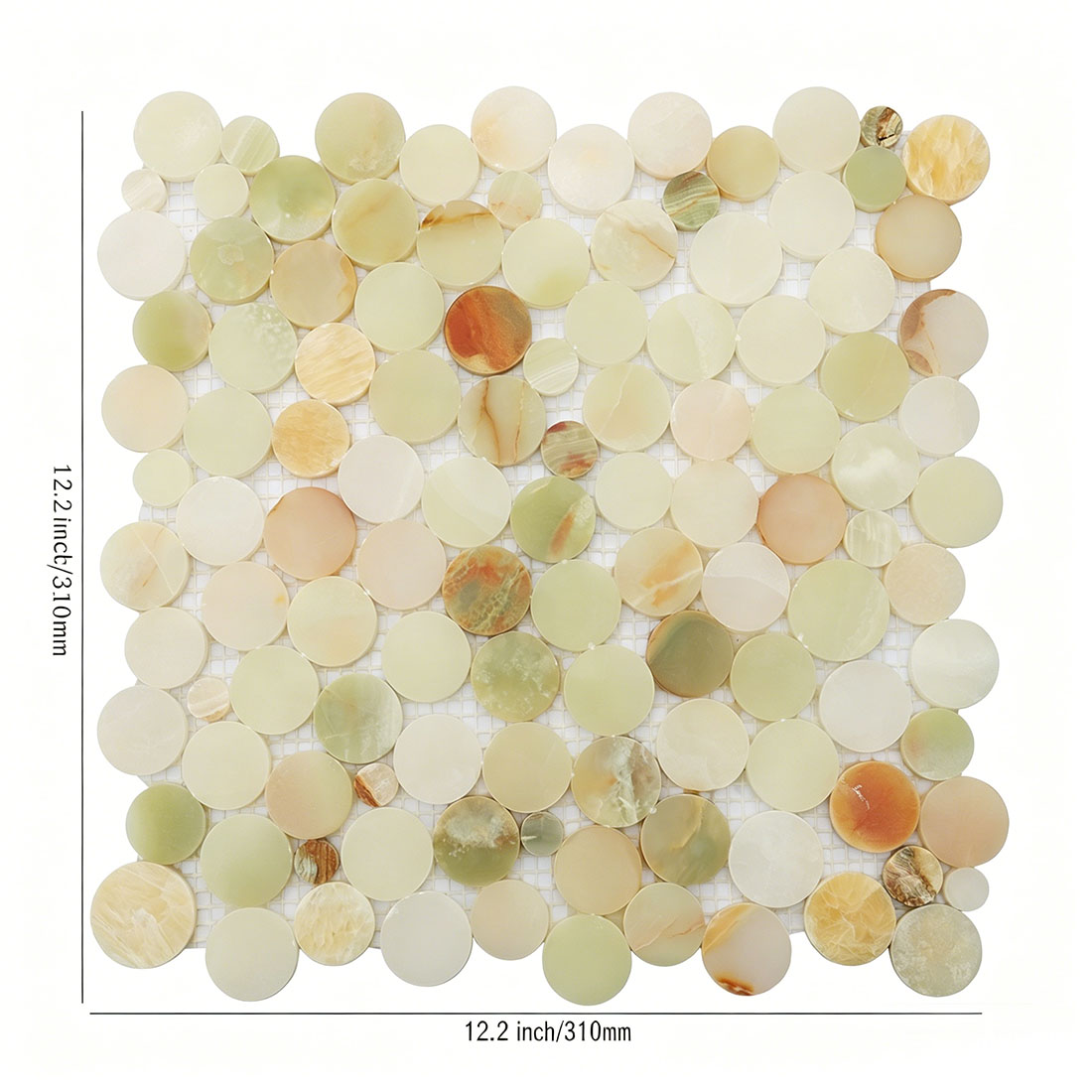 Natural onyx penny round mosaic tile sheet with detailed dimension lines