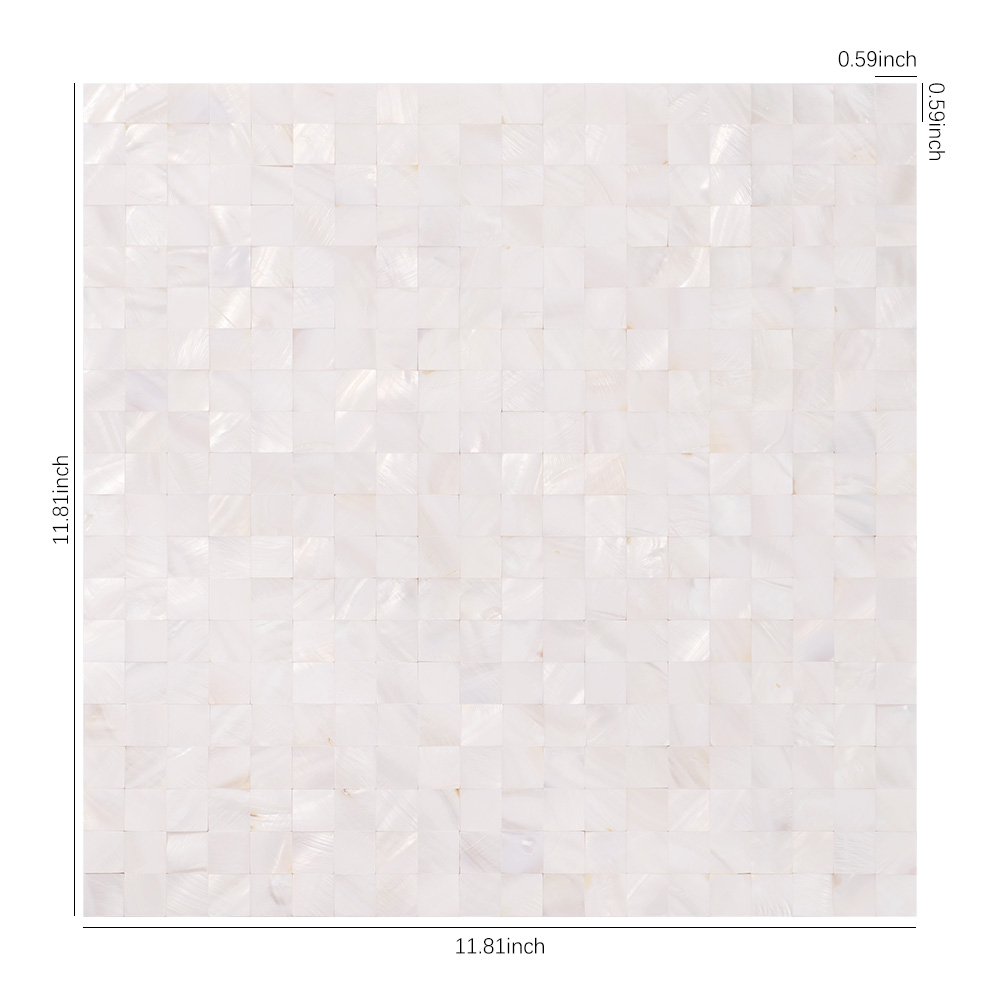 Size view of white shell mosaic tile sheet, 11.81x11.81in, 0.59in chips.