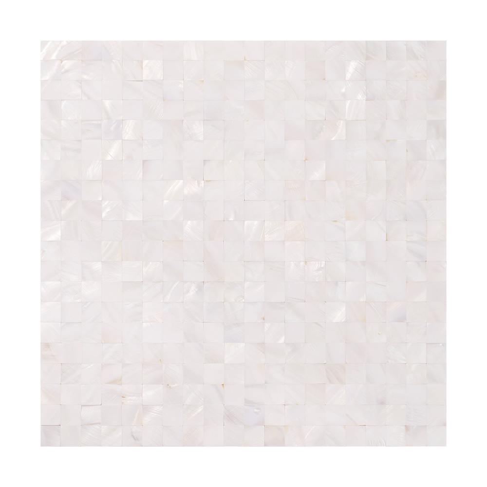 Front view of natural white mother of pearl square mosaic tile sheet in seamless square pattern.
