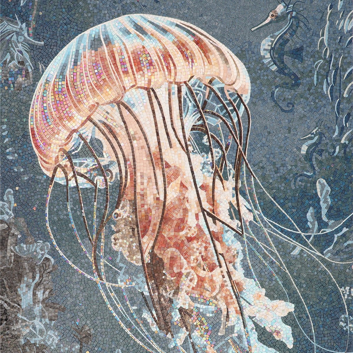 Deep Sea Jellyfish Mosaic Mural – Luxury Handmade Glass Wall Art for Bathroom, Spa, or Interior Decor-Woos Tiles