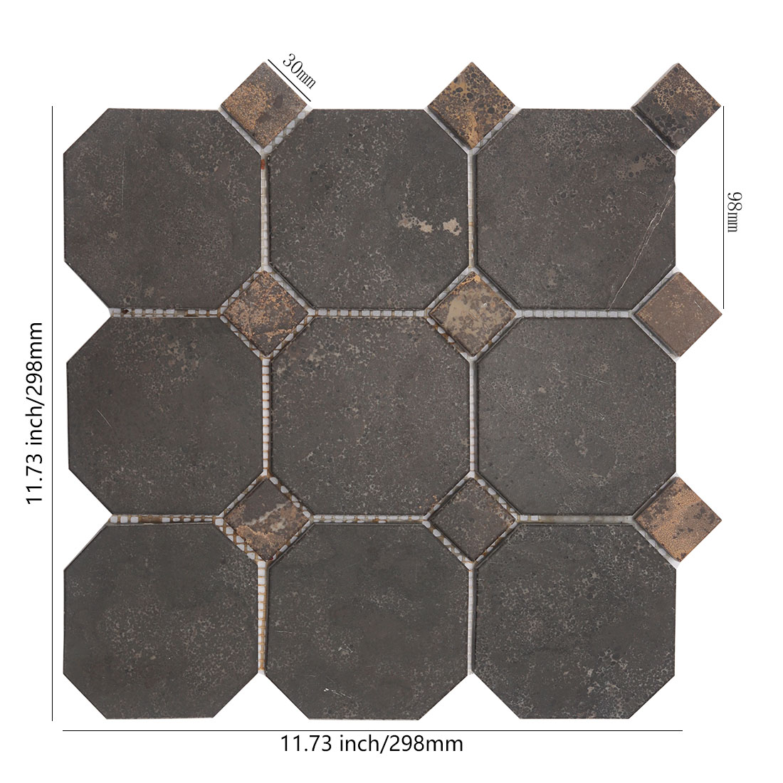 An 11.73 inch square octagon black brown stone mosaic tile sheet with bronze dots.