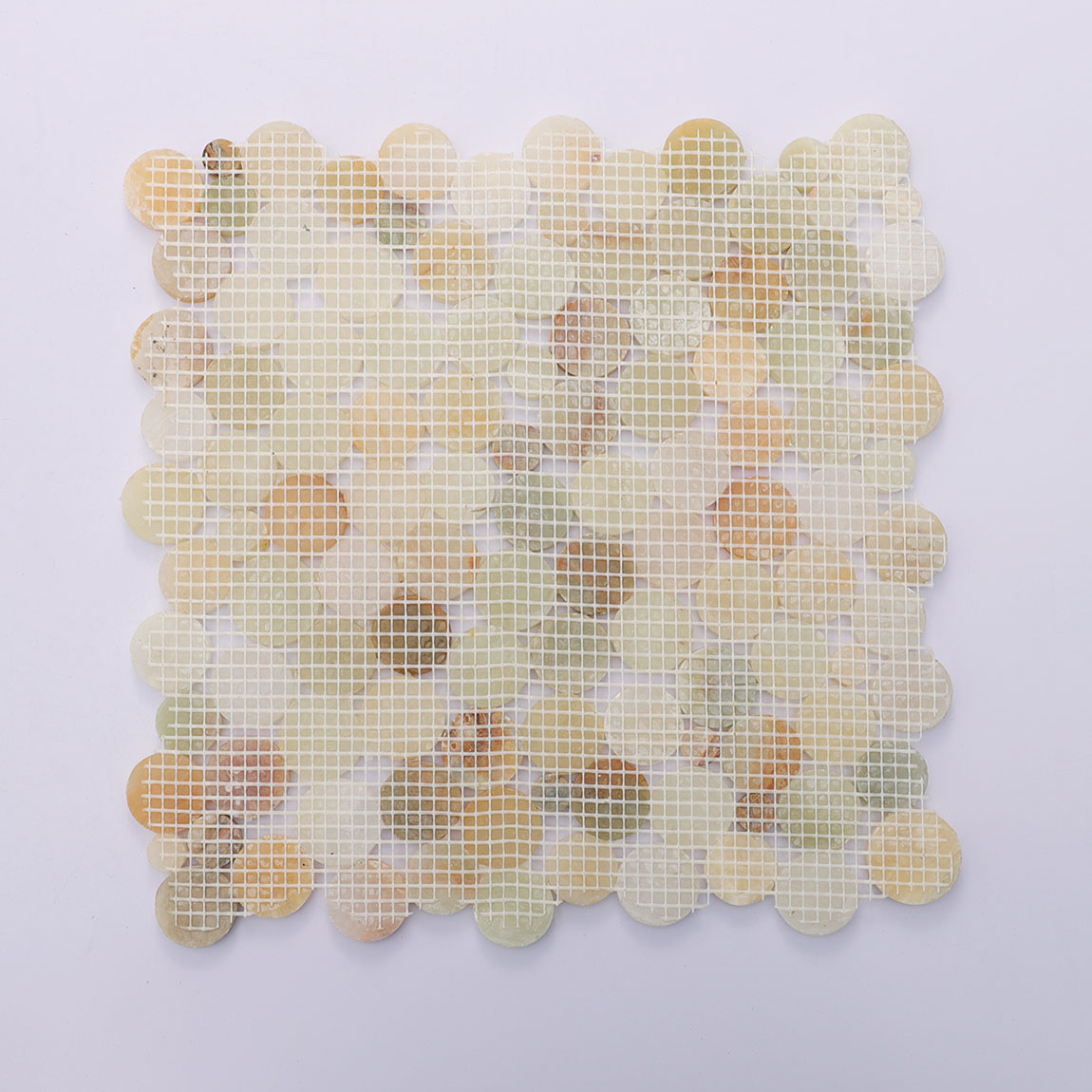 Sturdy mesh backing on the reverse side of onyx round mosaic tile
