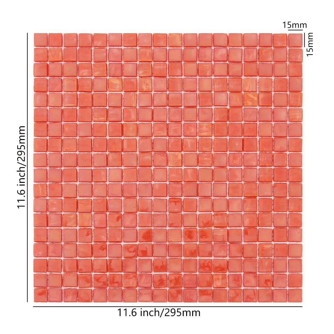 Orange 15mm square glass mosaic tile sheet with size details
