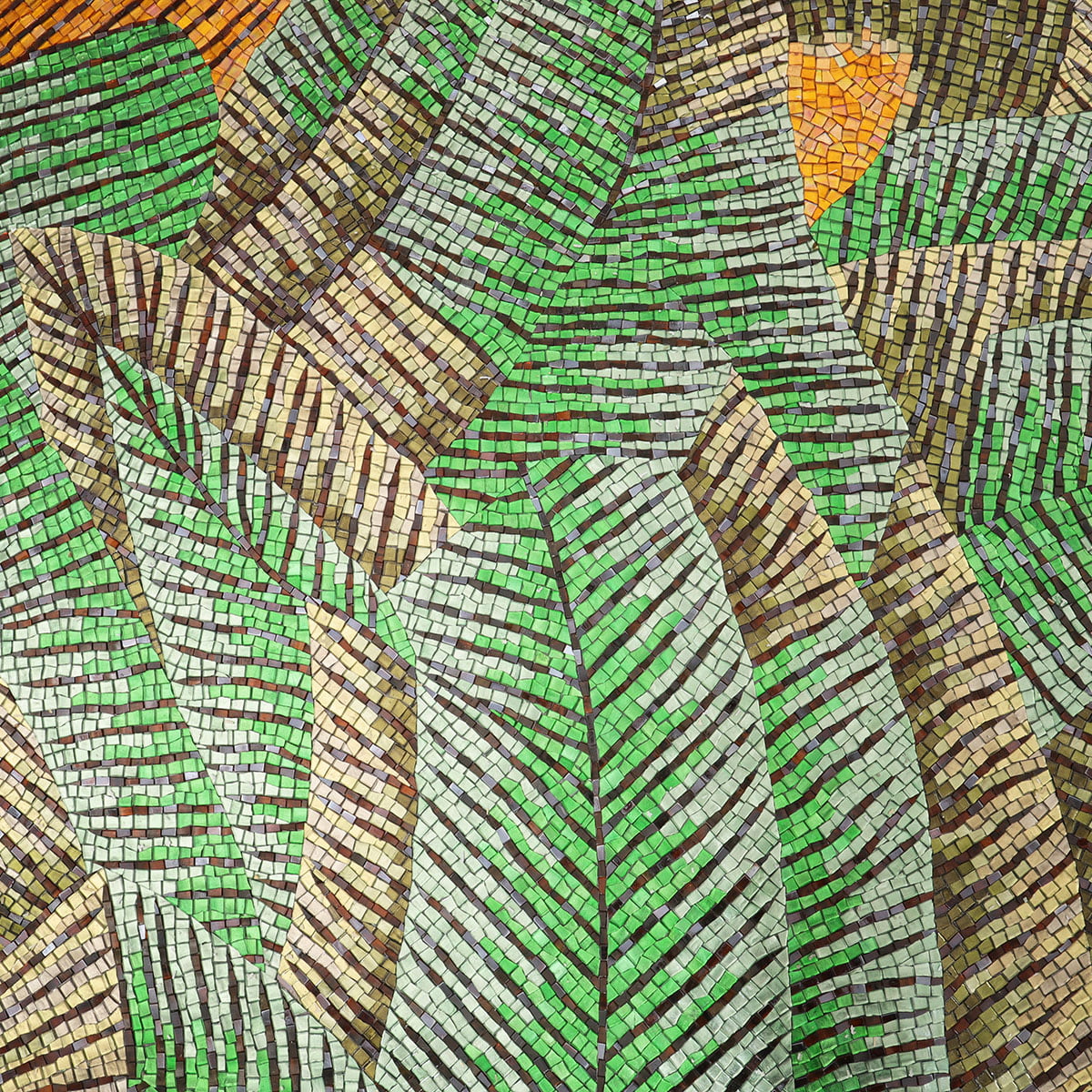 Overlapping green leaf mosaic pattern with tan and orange tile highlights