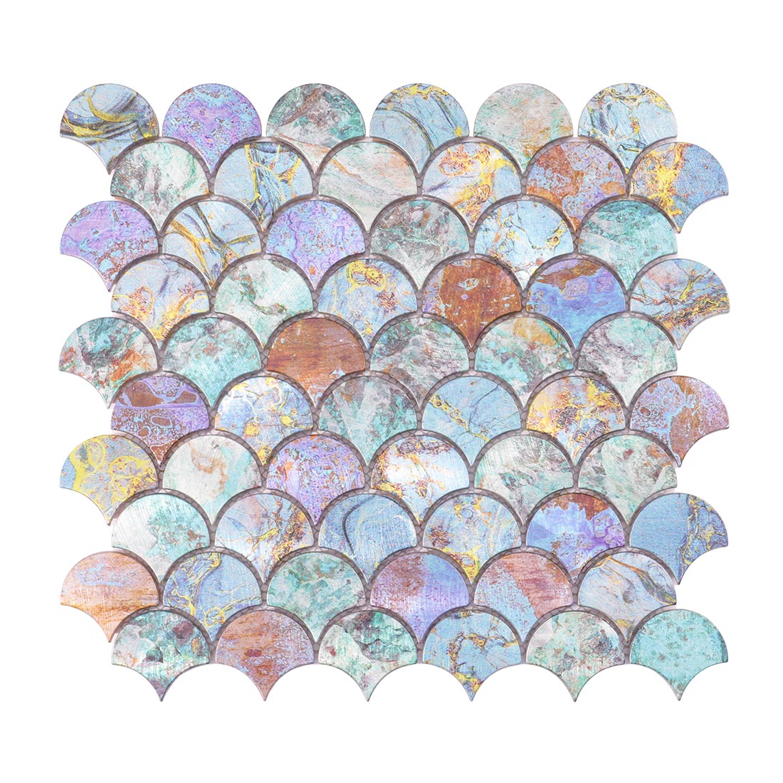 Oxidized verdigris fish scale aluminum metal mosaic sheet front view