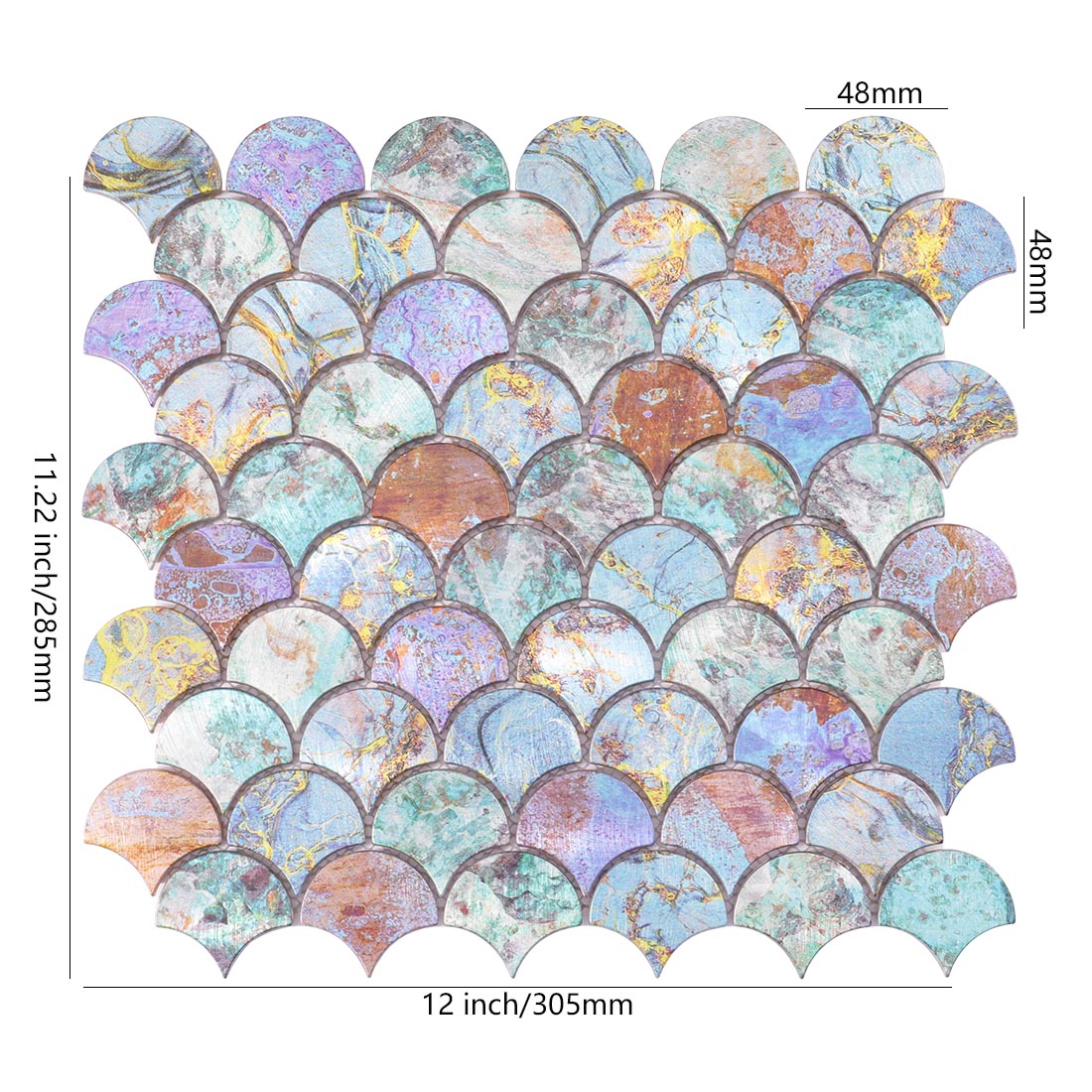 Oxidized verdigris fish scale aluminum mosaic tile sheet dimensions