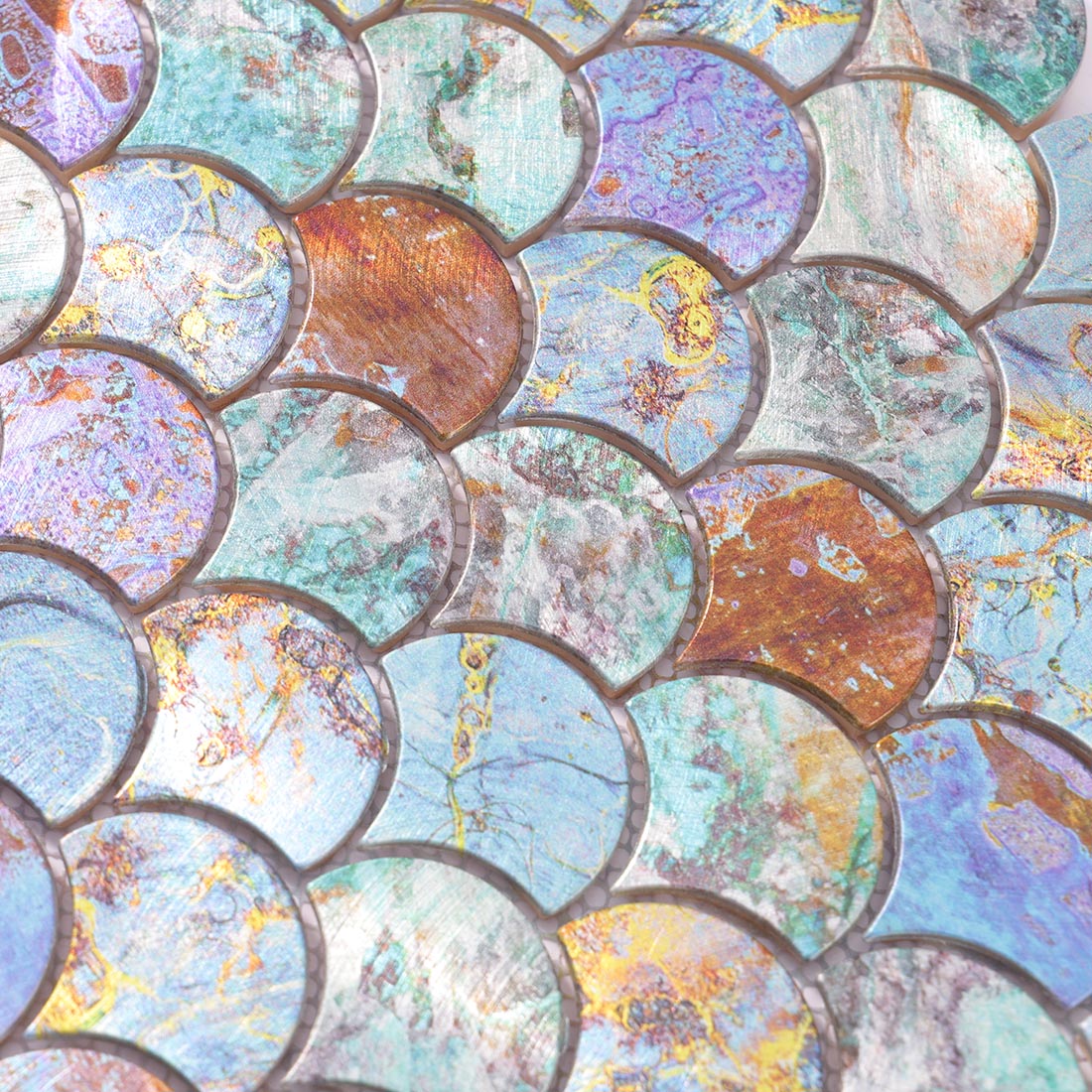 High angle view of oxidized verdigris fish scale aluminum tile texture