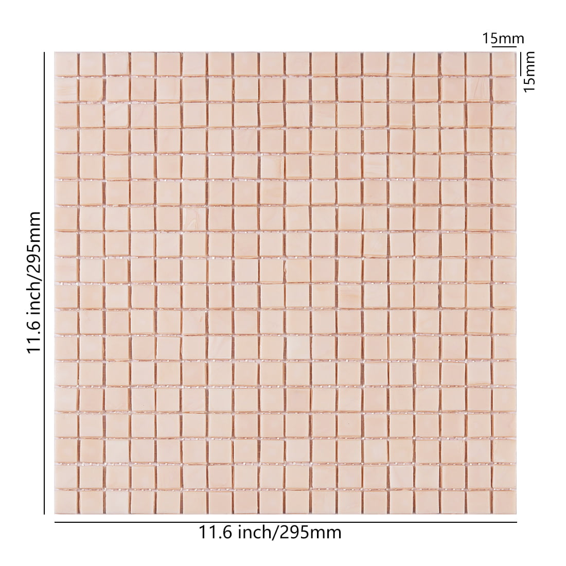 Pale blush square glass mosaic tile sheet with size details