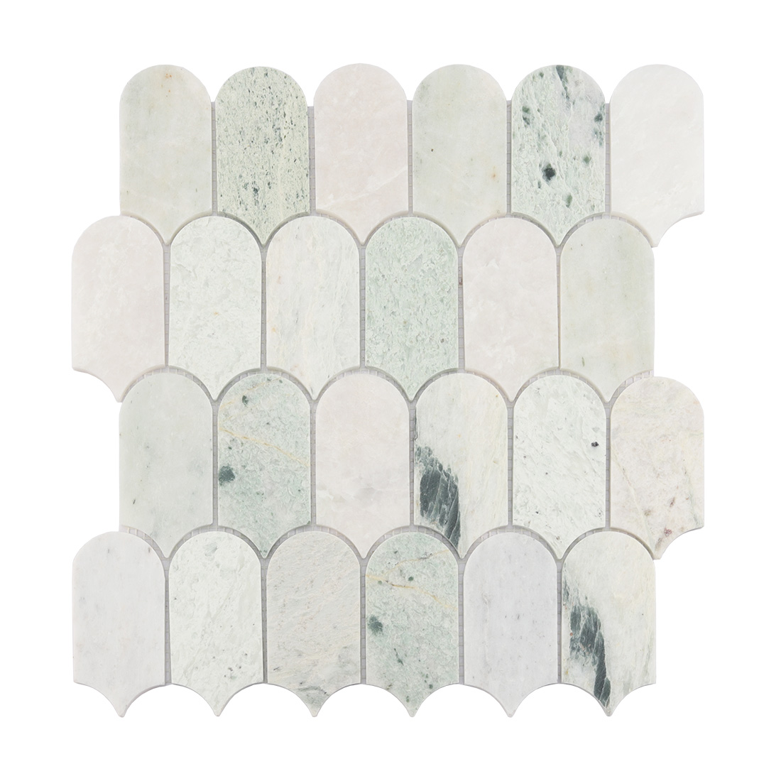Front view of pale green long scallop marble mosaic tile with natural veining