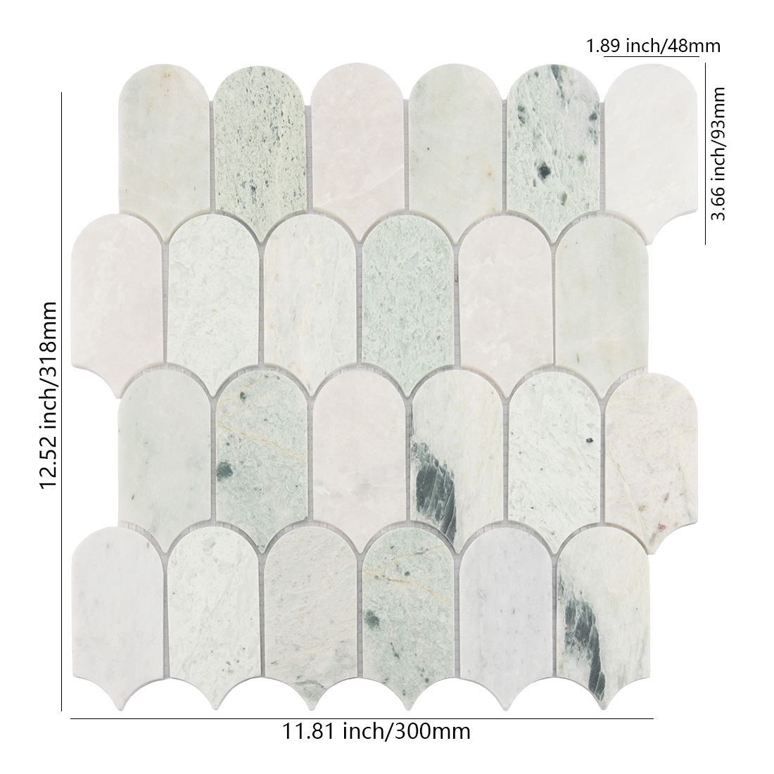 Pale green long scallop marble mosaic tile with mixed stone tones and size details