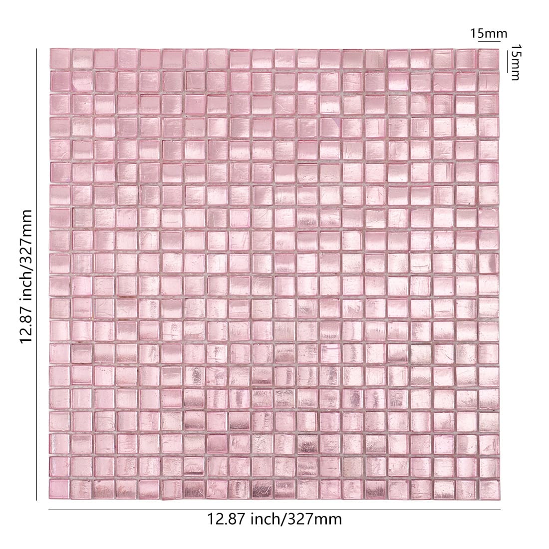 Pale pink foil-backed square glass mosaic sheet with size details