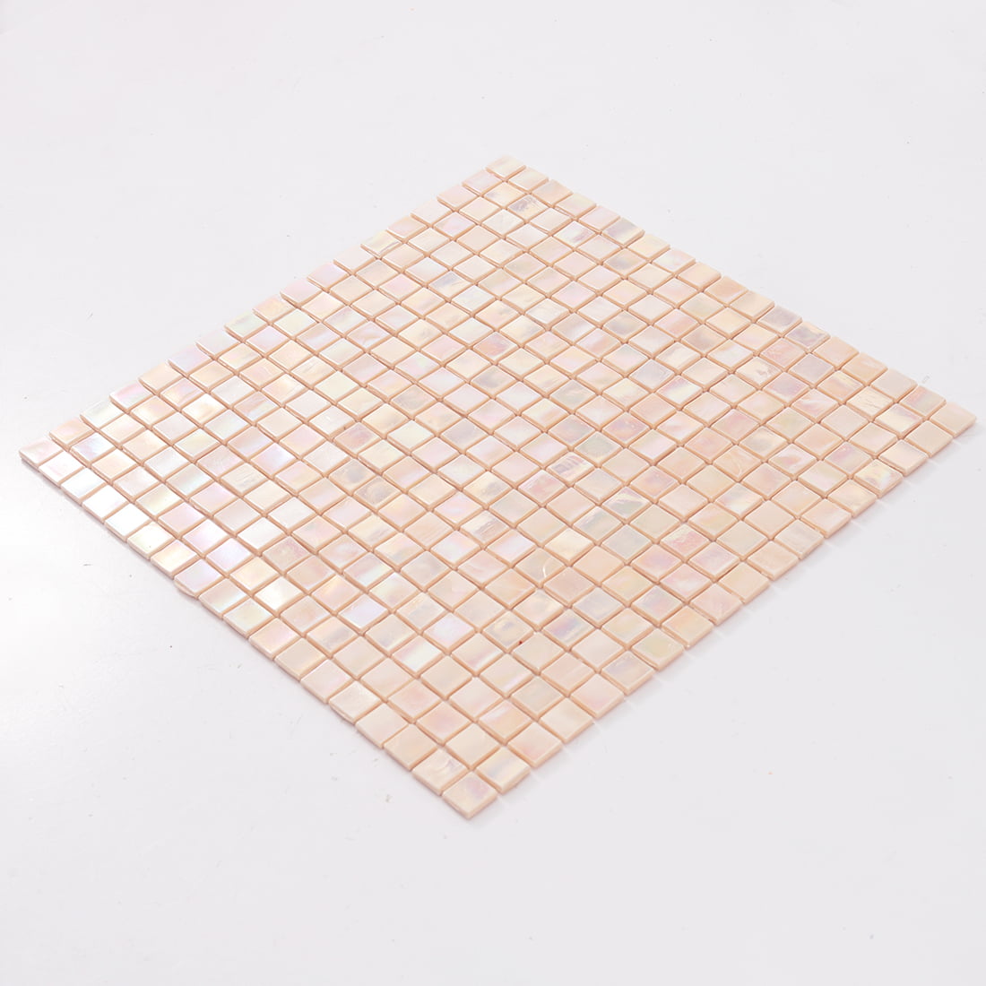 Perspective view of pastel iridescent blush pink square glass mosaic sheet