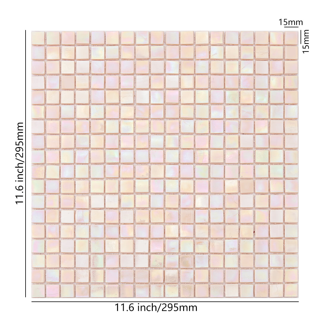 Pastel iridescent blush pink square glass mosaic tile sheet with size details