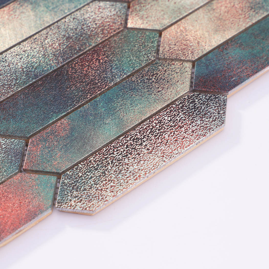 Angle shot of patina copper picket aluminum mosaic tile showing edge