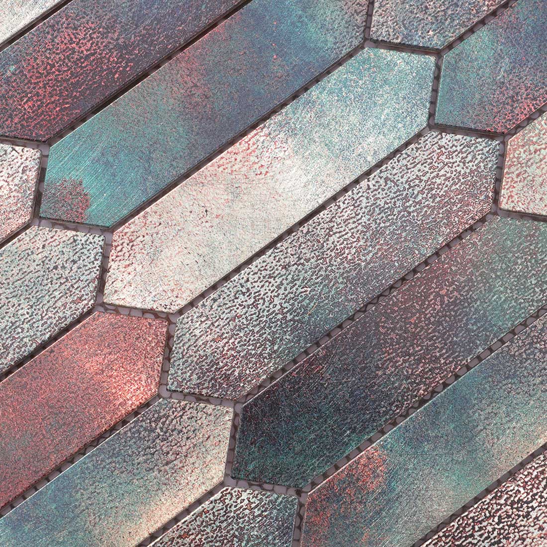 High angle view of patina copper picket aluminum mosaic tile surface texture