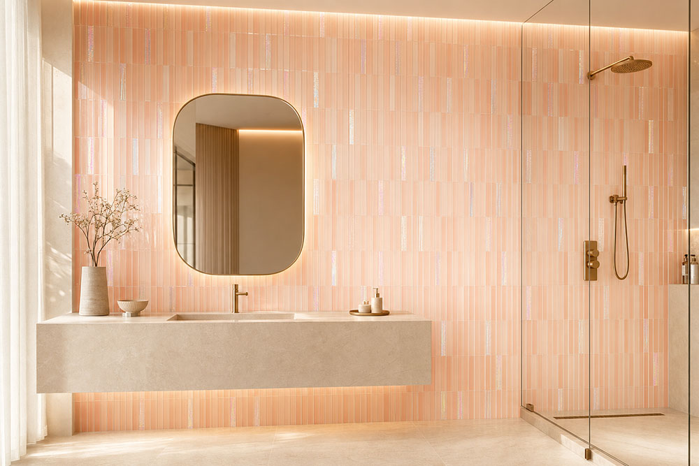 {"default":"Peach iridescent glass tile bathroom with vanity and shower wall"}
