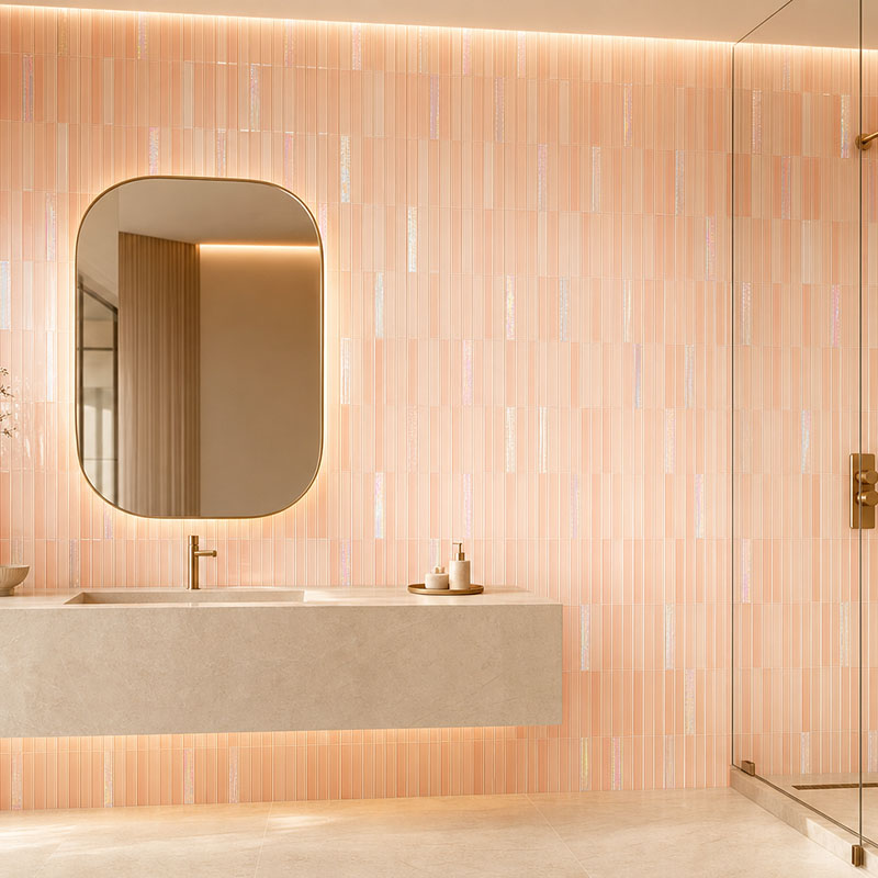 Peach vertical glass mosaic tile bathroom wall with mirror and brass shower fixtures