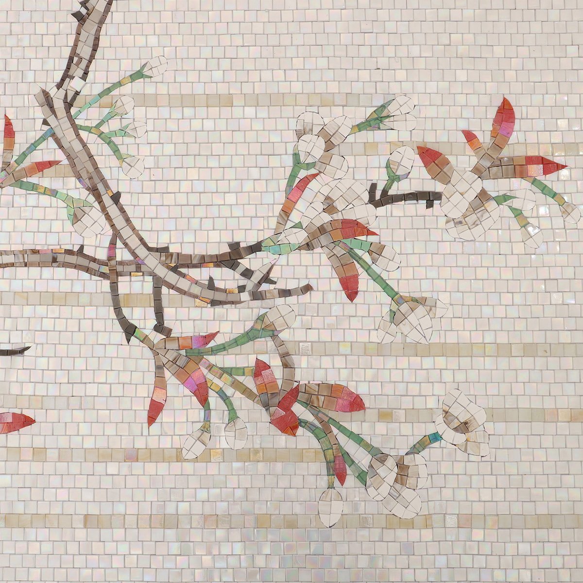 Detail of mosaic showing peacock feathers in green, blue, and gold tones