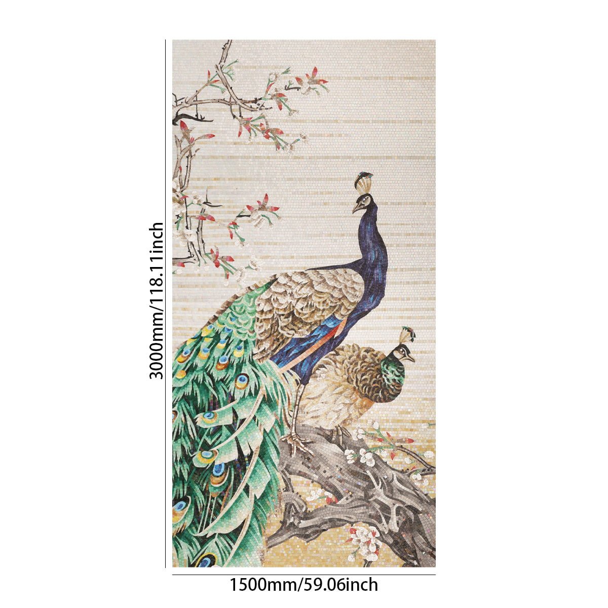 Full view of peacock mosaic wall mural with size dimensions shown in inches and millimeters